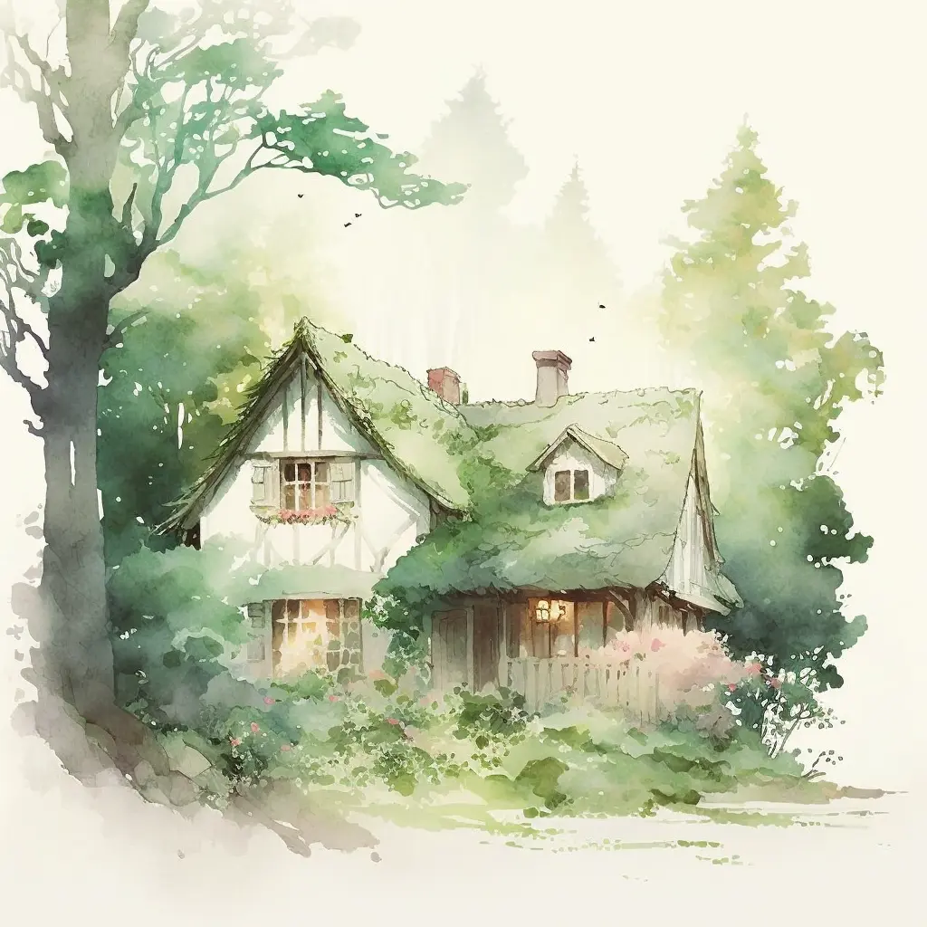 light watercolor, cottage in the woods, bright, white background, few details, dreamy Ghibli